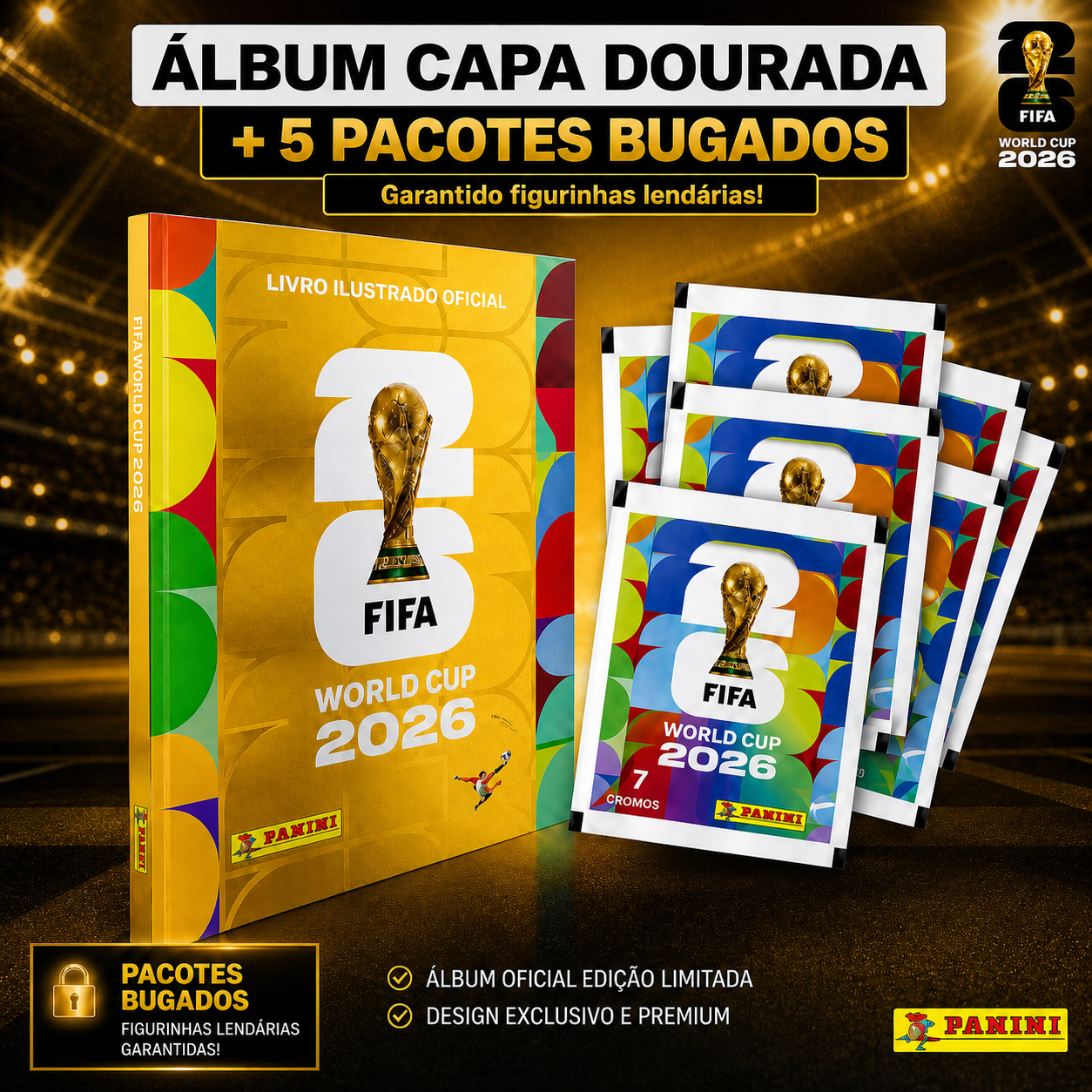 Álbum Copa do Mundo 2026 com 5 pacotes especiais
