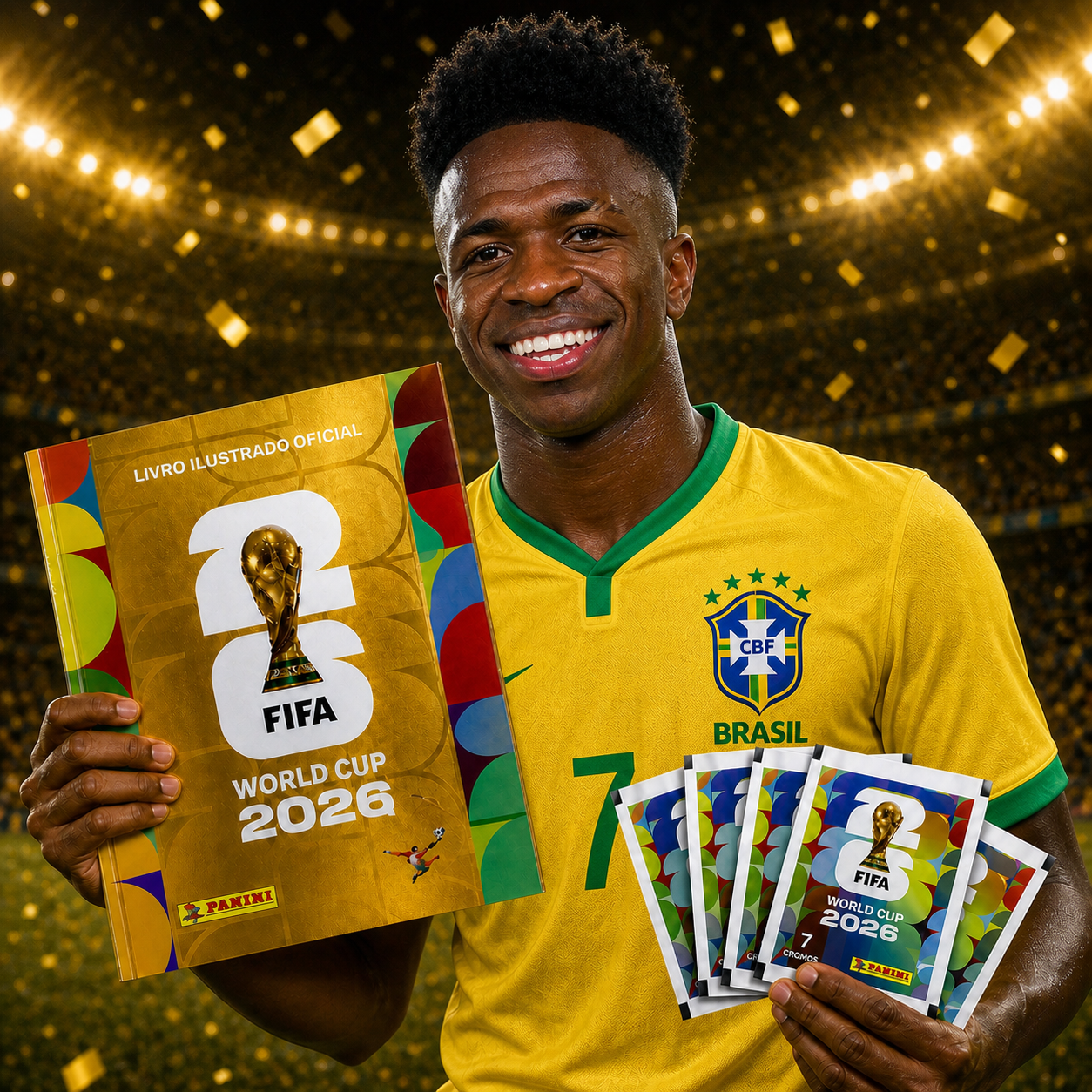 Jogador da Espanha segurando o Álbum Copa do Mundo 2026 com 10 pacotes especiais
